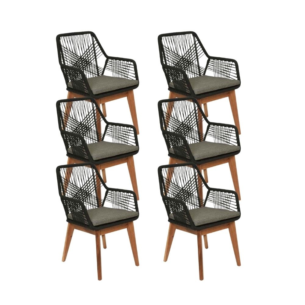 Seville dining tuinstoel set van 6 | touw + hardhout | zwart