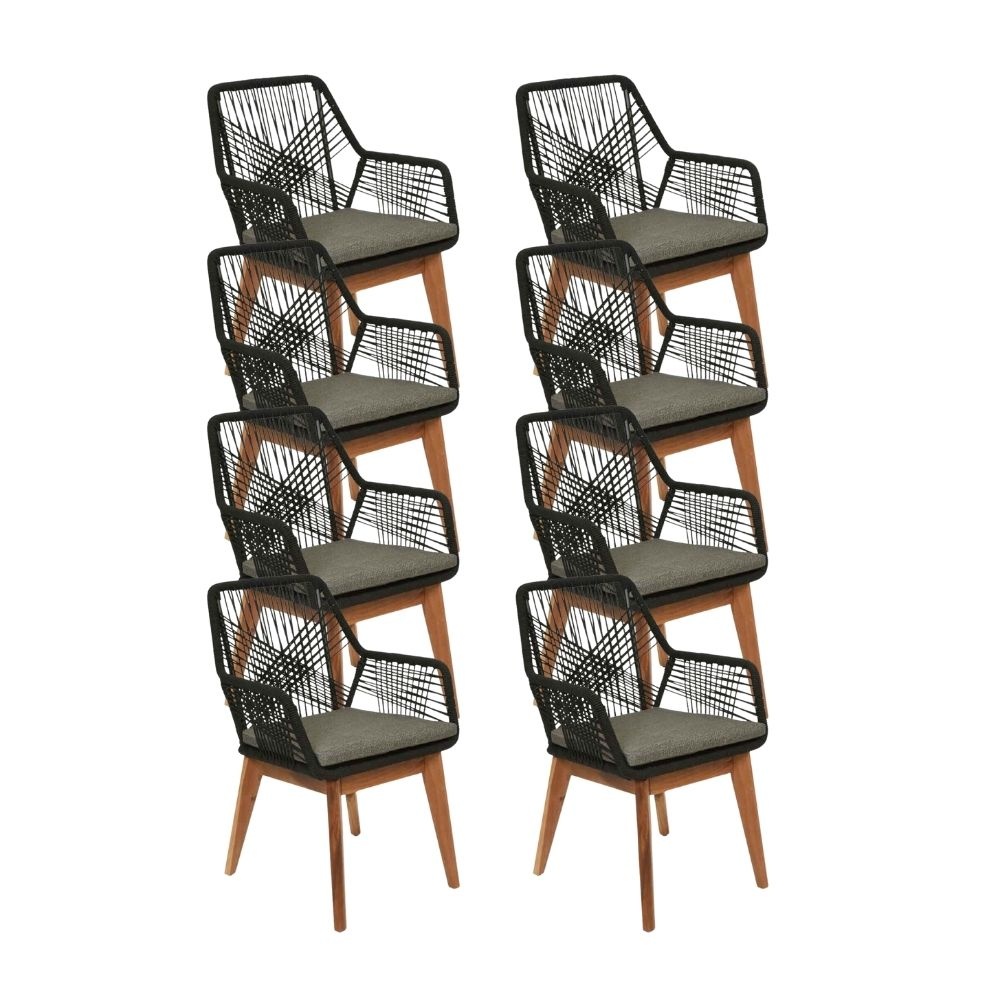 Seville dining tuinstoel set van 8 | touw + hardhout | zwart