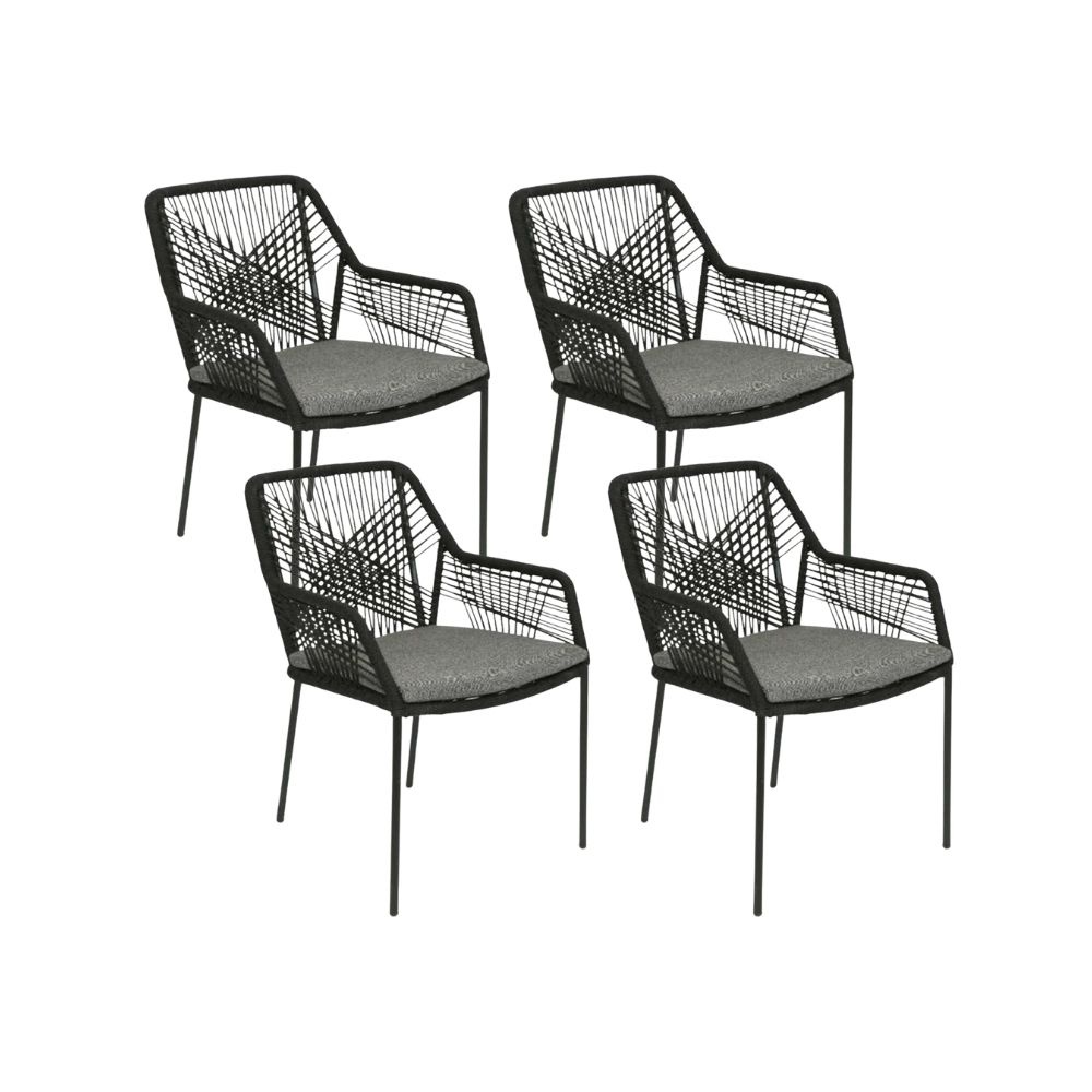 Seville dining tuinstoel set van 4 | touw + staal | zwart