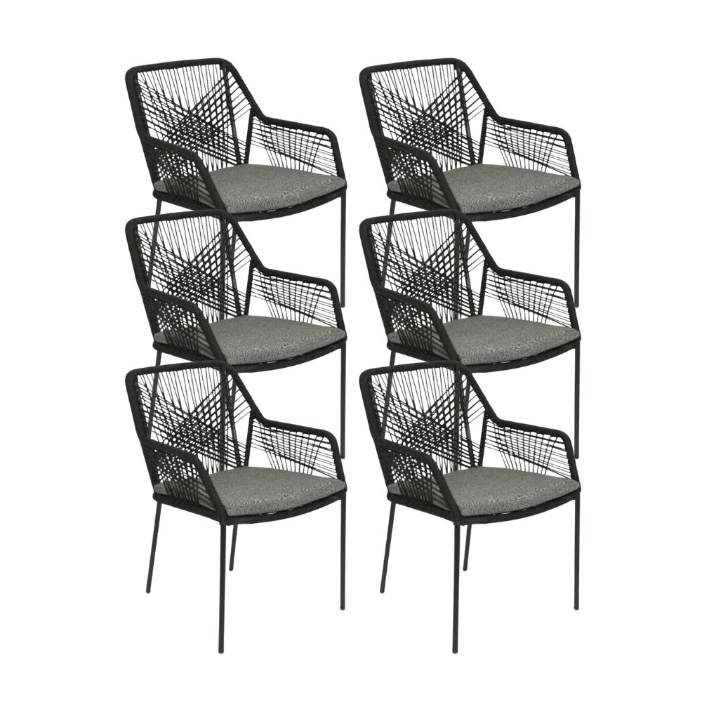 Seville dining tuinstoel set van 6 | touw + staal | zwart