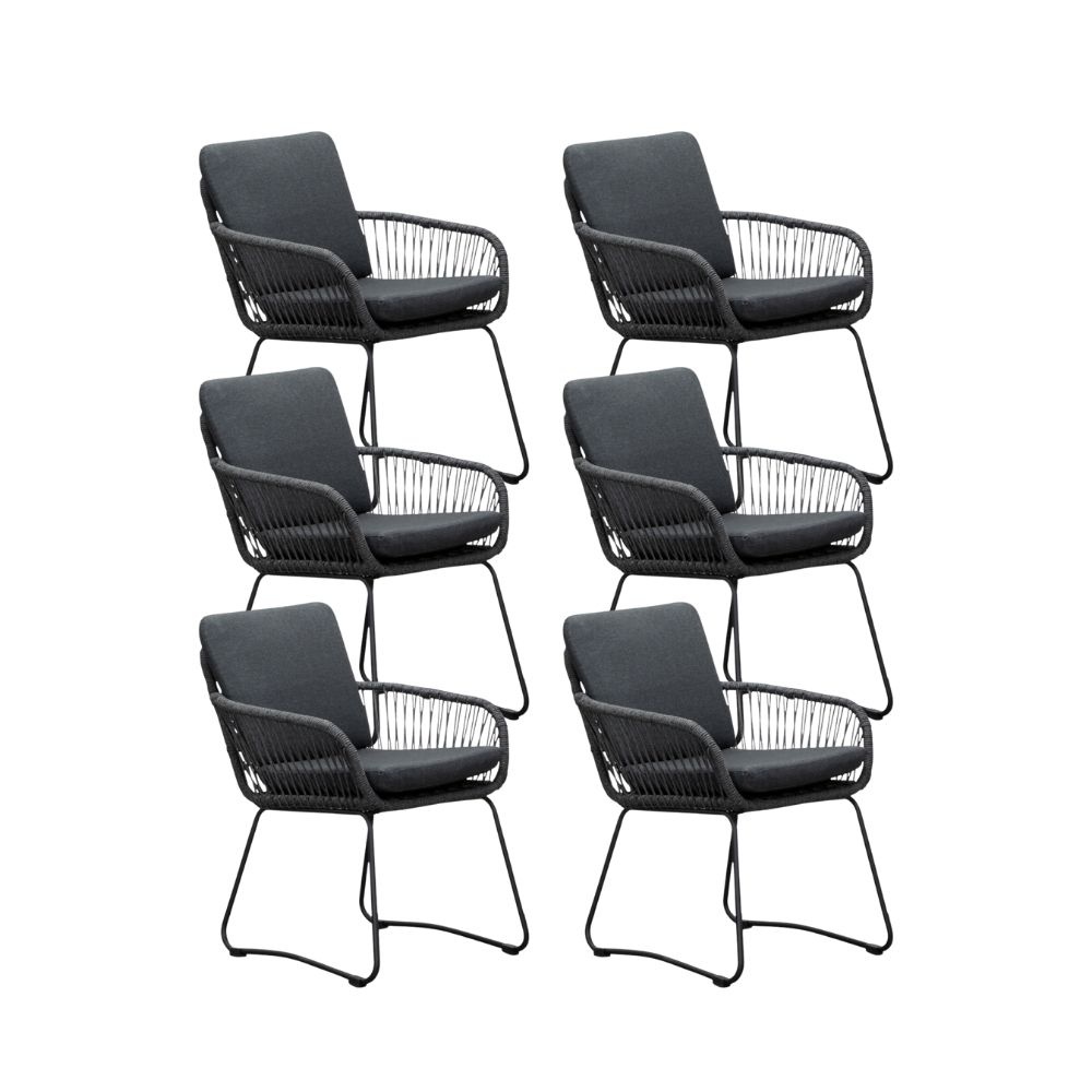 Harper dining tuinstoel set van 6 | touw + rvs | Lava Grey