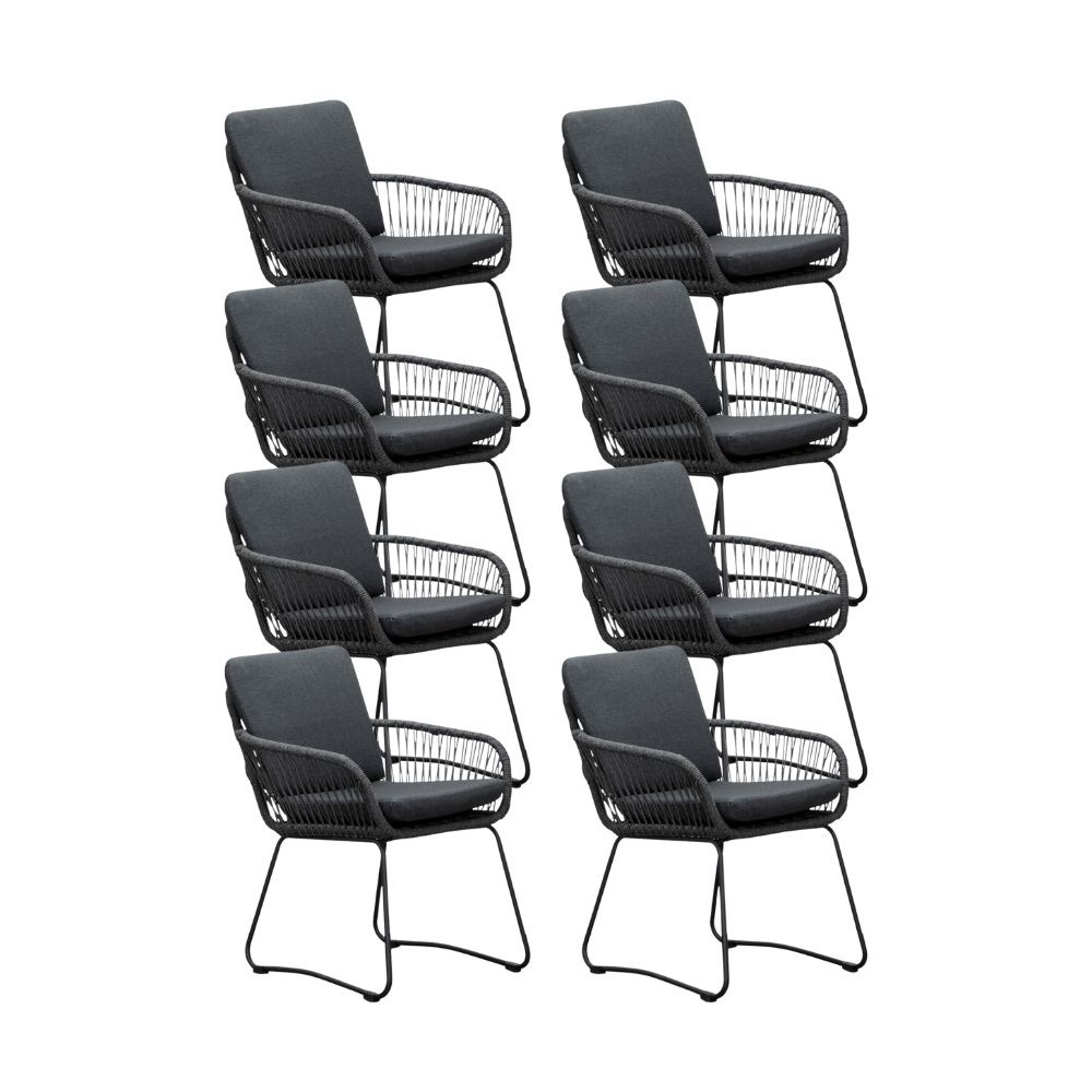 Harper dining tuinstoel set van 8 | touw + rvs | Lava Grey