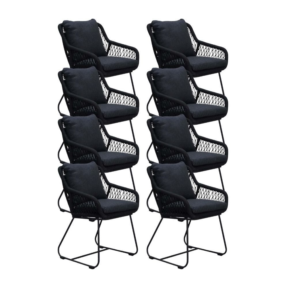 Portofino dining tuinstoel set van 8 | touw + RVS | zwart