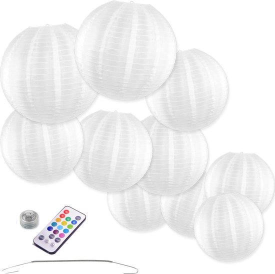 Nylon lampionnen - wit - 10 stuks - incl. Led met afstandbediening - Incl. handige ophanghaakjes