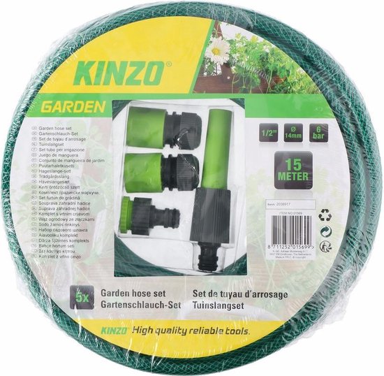 Groen/zwarte Kinzo tuinslang met sproeier opzetstukkkeb set 15 meter
