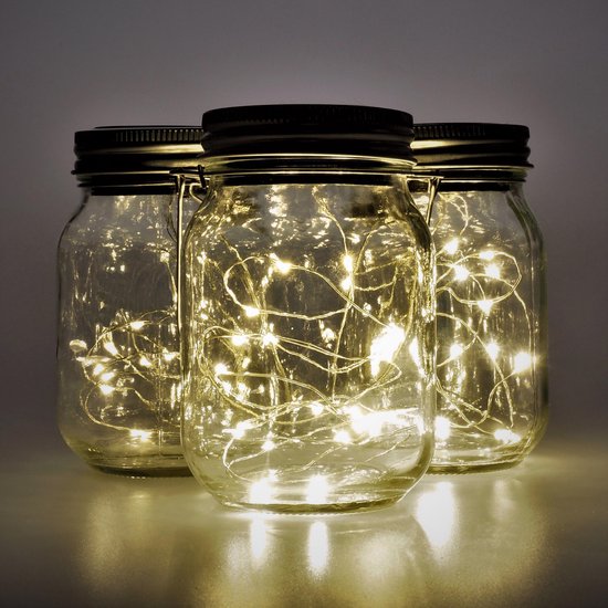 Gadgy Solar Jar Fairy Lights Tafellamp - 3 glazen potjes met Led string verlichting - Solar tuinverlichting op zonneenergie - Tuinlantaarn met dag/nacht sensor