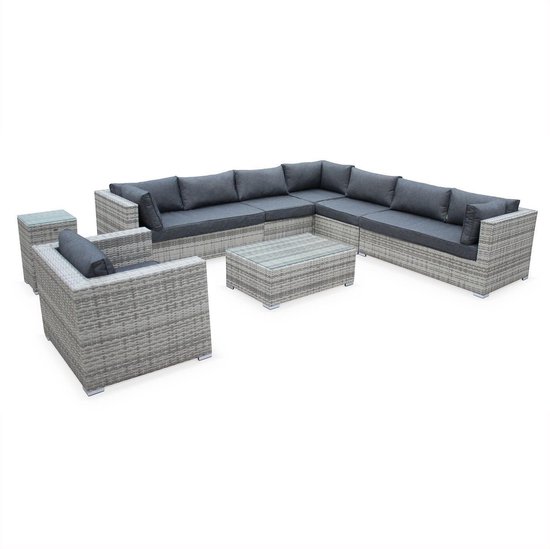 Wicker loungeset 8 elementen - VENEZIA - 10 plaatsen - modulair- aluminium frame en dikke kussens - grijs/grijstinten