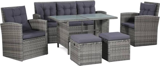 vidaXL 6-delige Loungeset met kussens poly rattan grijs