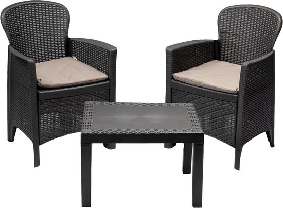 MaxxGarden Tuinset - Set van 2 tuinstoelen - kunststof 3 delig - rattan met kussens