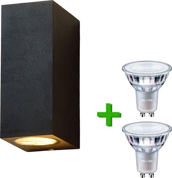 Lybardo buitenlamp / wandlamp Cannes Zwart + 2x Philips GU10 LED lamp 3.5W - 2700K Warm Wit