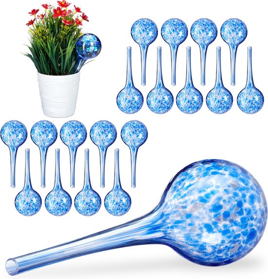 relaxdays 20 x waterdruppelaar  - glas - waterbollen voor planten - Ø6cm – blauw