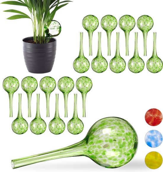 relaxdays 20 x waterdruppelaar  - glas - waterbollen voor planten - Ø6cm – groen