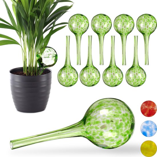 relaxdays 10 x waterdruppelaar  - glas - waterbollen voor planten - Ø6cm – groen