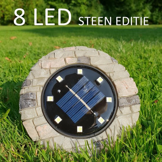 Solar 8LED Grondspot steen textuur met dag-nacht sensor 120 mm RVS met wit licht | Grondspot | Solar | Buitenlamp | IP65 | Tuinverlichting. | Kortingmagazijn