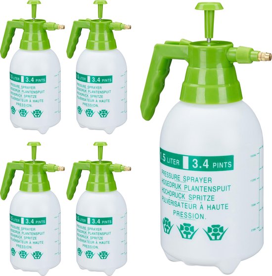 relaxdays 5x drukspuit 1.5 liter - hogedruk plantenspuit - druksproeier - plantensproeier