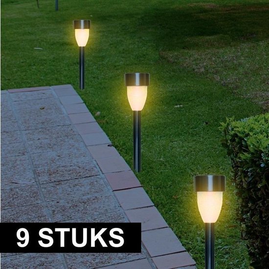 9x Buiten/tuin LED RVS stekers Nova solar verlichting 26 cm - Tuinverlichting - Tuinlampen - Solarlampen op zonne-energie