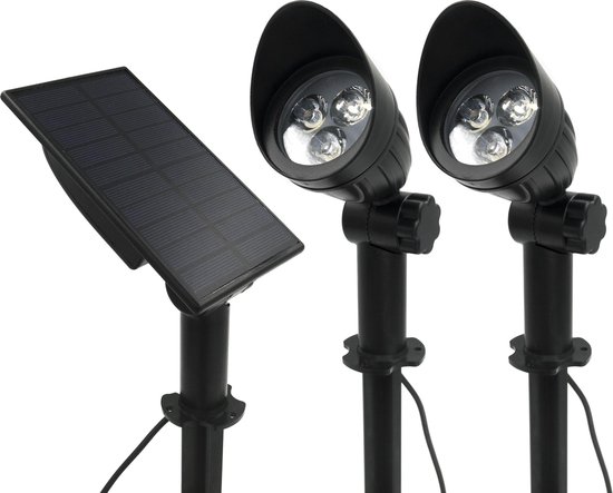 Solar Tuinverlichting, Buitenlampen - Tuinlampen op Zonne-energie - 2 LED Spots op 1 Zonnepaneel - Prikspots- IP65 - Warm Wit