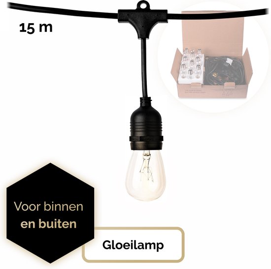 QHouse® Lichtsnoer - Gloeilampen – Lichtslinger - Tuinverlichting - Tuinverlichting Buiten - Prikkabel – 15 meter - E-27 fitting - Zwart