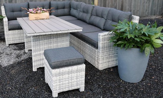 Rivièra | Loungeset Hoekset Dining Set Tuinset | Wicker | Hoekbank, Hoge Tuintafel, 2 Hockers | 6 Zitplaatsen