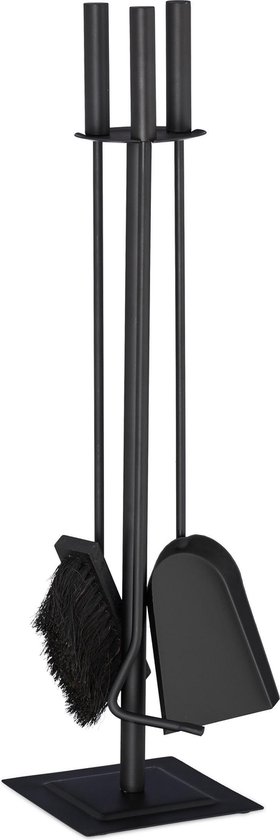 relaxdays haardstel modern - vierdelig - haardset - pook - schep - bezem - zwart