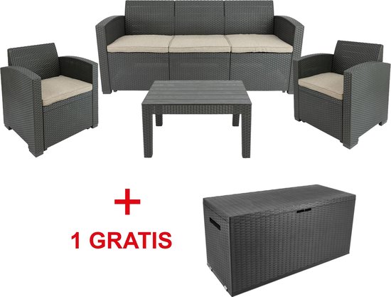 Rattan Loungeset - 5 persoons zithoek - Design wicker tuinset - Tijdelijk extra kussenbox