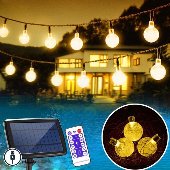 J-Pro FULL OPTION Tuinverlichting op Zonne-Energie - Cristal Lichtsnoer - Buiten Lichtslinger - 60 Solar LED  9+2m - ø2,5cm