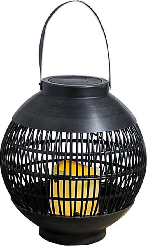 Solar Led Lantaarn | 23 cmØ, Zwart met Rattan Look, op Zonne-Energie