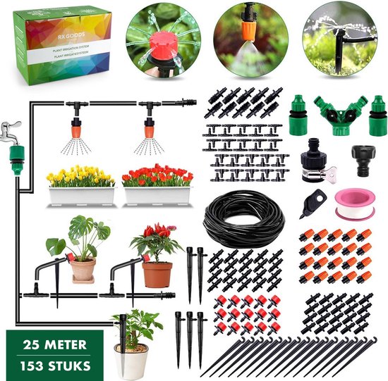 RX Goods® 153 Stuks Water Druppelslang Irrigatiesysteem Tuin – Bewateringssysteem & Druppelsysteem