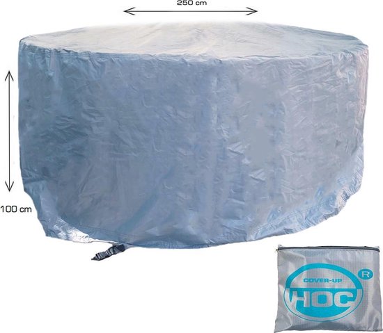 COVER UP HOC - Diamond hoes tuinset rond - 250x100 cm ( diameterxhoogte) - tuinmeubel beschermhoes waterdicht met Stormbanden, Trekkoord en Afwaterings HOCCIE - Zilvergrijze hoes voor ronde tuinset