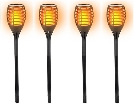 Set van 4x stuks solar LED tuinfakkel zwart 77 cm - Tuinverlichting/tuindecoratie led fakkels