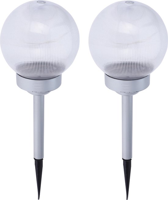 2x Solar tuinlamp glazen bol op zonne-energie 18 cm - RVS - Tuindecoratie/accessoires - Tuinverlichting - Tuinlampen - Buiten verlichting - Buiten lampen - Solar/zonne-energie lampen voor in de tuin