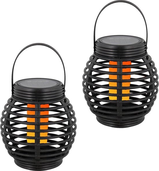2x Zwarte ronde solar lantaarns met vlam effect 19 cm - Tuinverlichting - Tuinlampen - Solarlampen op zonne-energie