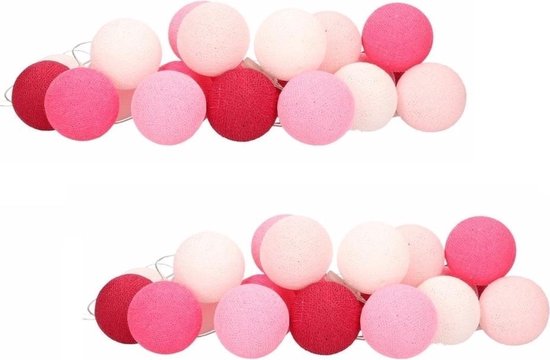 2x Feestverlichting lichtsnoer met roze balletjes 378 cm - Cotton Balls - Lichtsnoeren/lichtslingers met katoenen balletjes roze