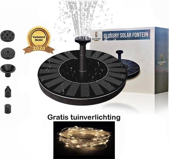 Solar Fontein op Zonne Energie + Gratis tuinverlichting - Extra Hoge Straal - Fontein pomp voor Tuin / Vogelbad / Vijver / Zwembad – Energiezuinige fontein – Milieuvriendelijke Fontein – 5 opzetstukken – Water Fontein – Vijver tuindecoratie