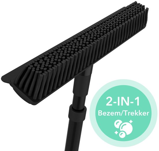 CLEANLY® Rubberen Bezem met Vloertrekker – Kappersbezem – Zachte Bezem Binnen & Buiten – Trekker met Bezemsteel – 68-120 cm