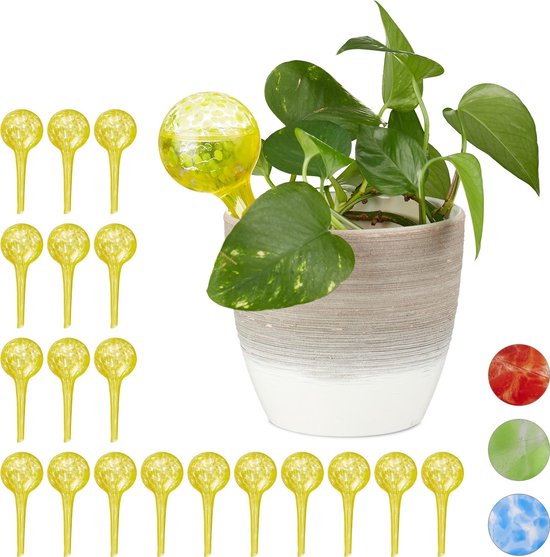 relaxdays 20 x waterdruppelaar - glas - waterbollen voor planten - Ø6cm – geel