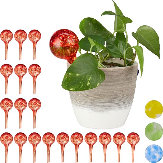 relaxdays 20 x waterdruppelaar - glas - waterbollen voor planten - Ø6cm – rood