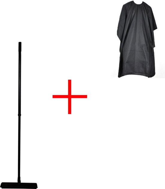 Rubber bezem 68-120 cm - kappersbezem met wisser - incl. gratis kappersschort 137 cm - zwart.