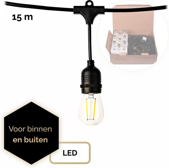 QHouse® Lichtsnoer – Lichtslinger - Tuinverlichting - Tuinverlichting LED Buiten - Prikkabel – 15 meter - E-27 fitting - Zwart