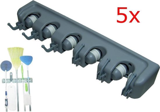 QuniQ 5x Ophangsysteem gereedschapshouder bezemhouder voor tuingereedschap, bezems, dweilstokken, sportmateriaal enz voor 5 stelen