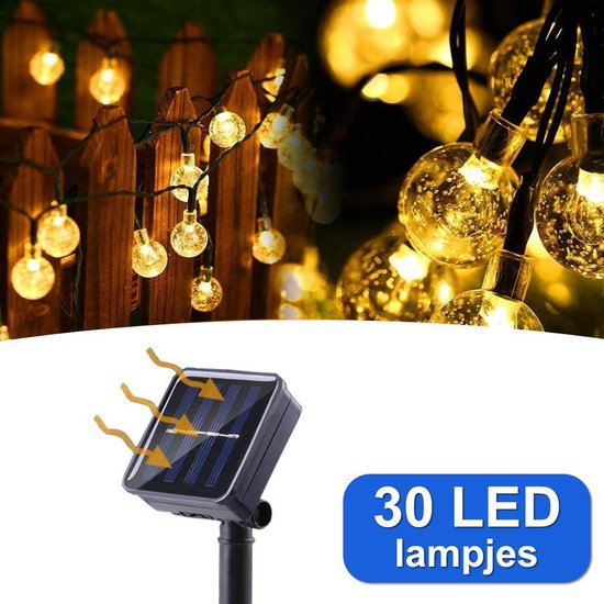 Verlichting Snoer op zonne energie Warm Wit Kristal - Solar 30 Led lampjes - 6,5 meter - Ø2,5 cm - Buiten - Tuinverlichting  - Party Lichtslinger Lichtsnoer - Gadgetpanda