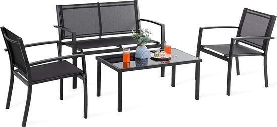 LifeGoods 4-Delige Textileen Tuinset - Tuin / Balkon Meubelen - Tafel, Bank en 2 Stoelen - 4 Persoons - Glazen Tafelblad - Metaal / Textileen - Zwart