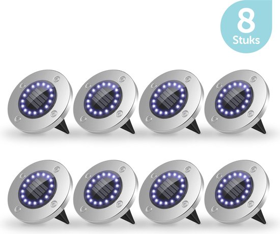 ForDig Solar Grondspots (8 stuks) - RVS Grond Spots op Zonne-energie met 16 LED Spotjes - 10 Uur Buiten Verlichting in Tuin - IP65 Waterdicht - Tuinverlichting Lamp - Buitenverlichting Tuinlamp