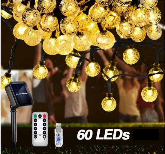 Lichtsnoer 10 m 60 LEDs Ø 2 cm warm wit Solar - USB en zonne energie - 10 meter - afstandsbediening 8 standen en dimfunctie - IP65 - buiten en binnen verlichting - tuinverlichting - feestverlichting - partyverlichting