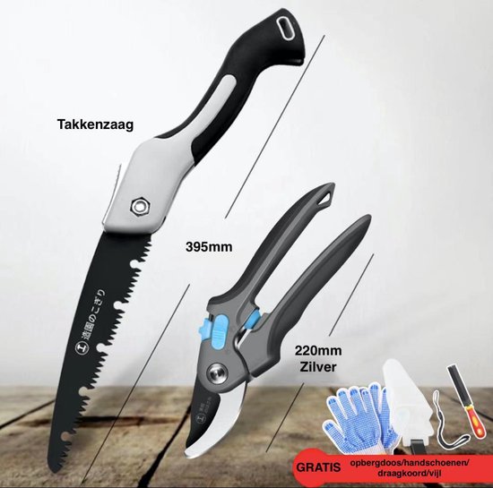 Snoeischaar incl. takkenzaag - Bloemenschaar - Takkenschaar - Tuinschaar - Max. Ø 35mm - Zilver - Handschoenen + opbergdoos + draagkoord + vijl