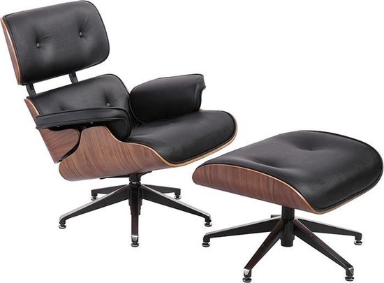 OHNO San Fransisco  Lounge Stoel met Voetenbank - Armleunstoel, Imitatie Leer, Hout, Zwart, Bruin