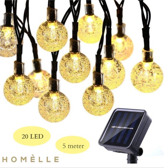 Homèlle Solar lichtsnoer - 20 LED - 5 meter - Warm-wit - ø2cm - Tuinverlichting op zonne-energie - Kerstverlichting - Buitenverlichting - Lichtslinger - Lampjes slinger - Cristal