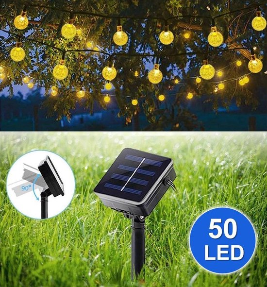 Verlichting Snoer op zonne energie - Solar 50 Led lampjes - 7,5 meter - Ø2,5 cm Warm Wit Kristal - Buiten - Tuinverlichting - Party Lichtslinger - Gadgetpanda