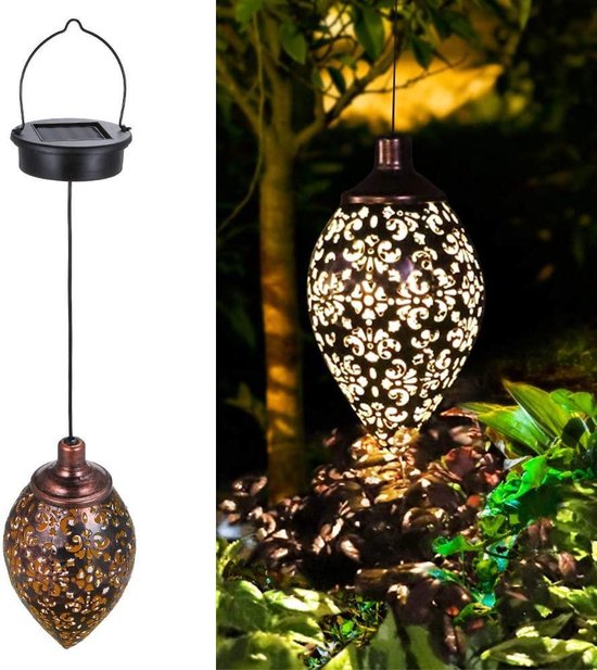 Homèlle Solar Tuinlantaarn met nachtsensor - Tuinverlichting op zonne-energie - Kerstverlichting - Buitenverlichting - LED - Donker brons/ goud - IP65 waterdicht - Buitenlamp - Hanglamp