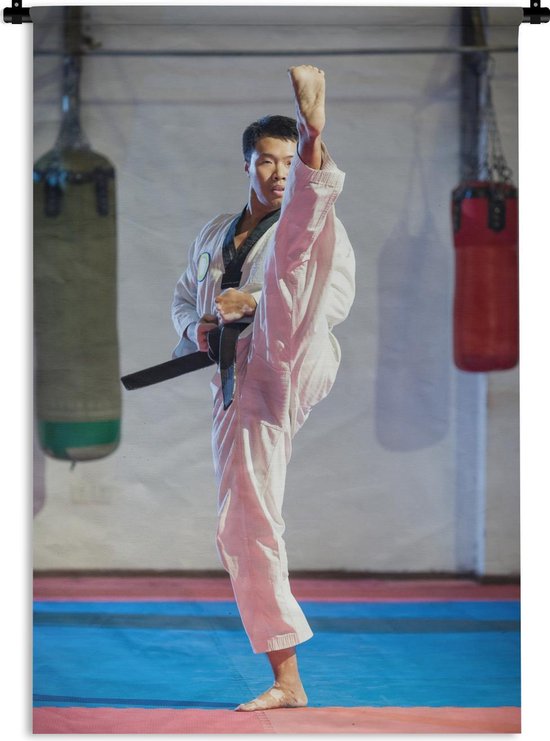 Wandkleed Taekwondo - Taekwondo hoge schop Wandkleed katoen 60x90 cm - Wandtapijt met foto